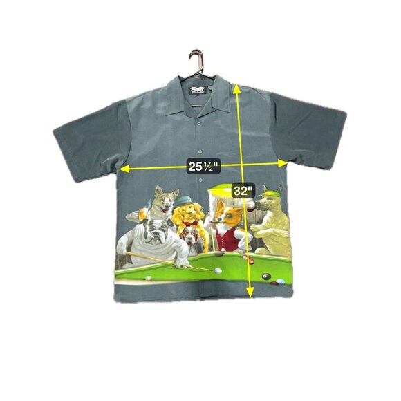 Dragonfly Dogs Playing Billiards Button Front Shirt Gray Green Sz XXL Novelty - Picture 7 of 10